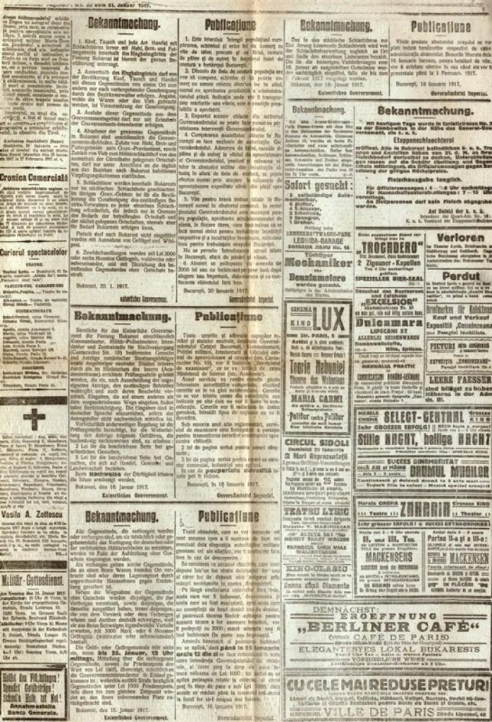 agină din Bukarester Tagblatt, 21 ianuarie 1917; sursa: MNIR, inv. 1476/ 12
